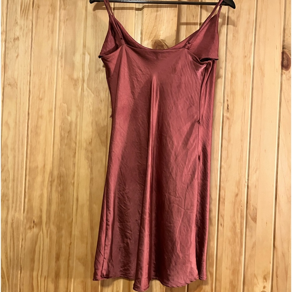 Pink satin mini dress, great for lounging or an evening out.